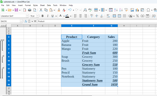 Final subtotals result